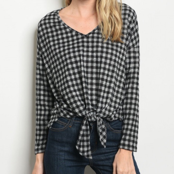 Gingham Long Sleeve Waist Knot Tie Tunic Top Black - Picture 2 of 7